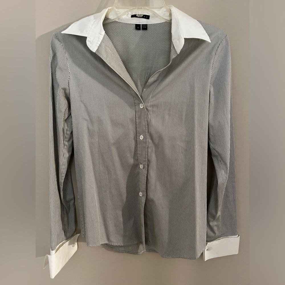 Theory Womens Black White Striped Button-up Shirt White Cuff Size Small